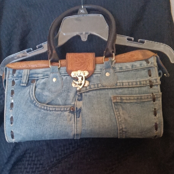Denim Handbag with Brown Accents - Picture 1 of 7